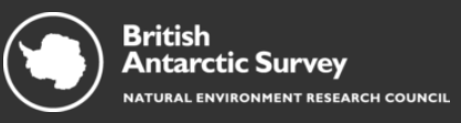 White text on a black background reading 'British Antarctic Survey, Natural Environment Research Concil'.
To the left of the text is a white filled outline of Antarctica in a circle. British Antarctic Survey logo.