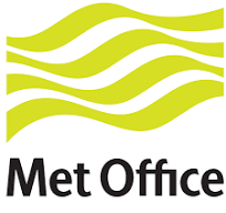 Black text on a white background reading 'Met Office'. Above the text are four horizontal, green, wavy lines. UK Met Office logo.