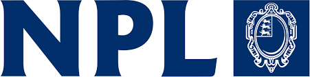 Dark blue lettering on a white background reading 'NPL'. To the right of the lettering is a white crest on a dark blue square. National Physical Laboratory (NPL) logo. 