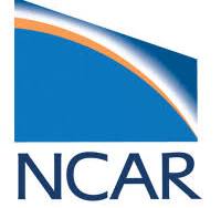 Lettering reading 'NCAR' beneath blue, orange and white shapes connoting the Earth and the atmosphere. National Center for Atmospheric Research (NCAR) logo.