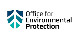 Black text on a white background reading 'Office for Environmental Protection'. To the left of the text is a white and blue crest. Office for Environmental Protection (OEP) logo.