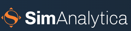 White text on a dark blue background reading 'SimAnalytica'. To the left of the text is an orange S symbol in a circle. SimAnalytica logo.